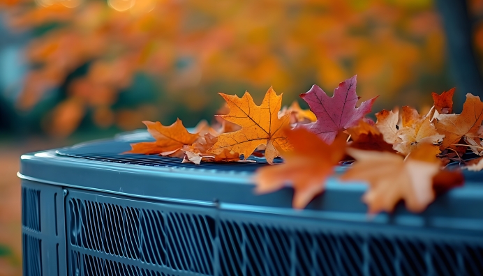 Fall leaves sitting on an AC unit