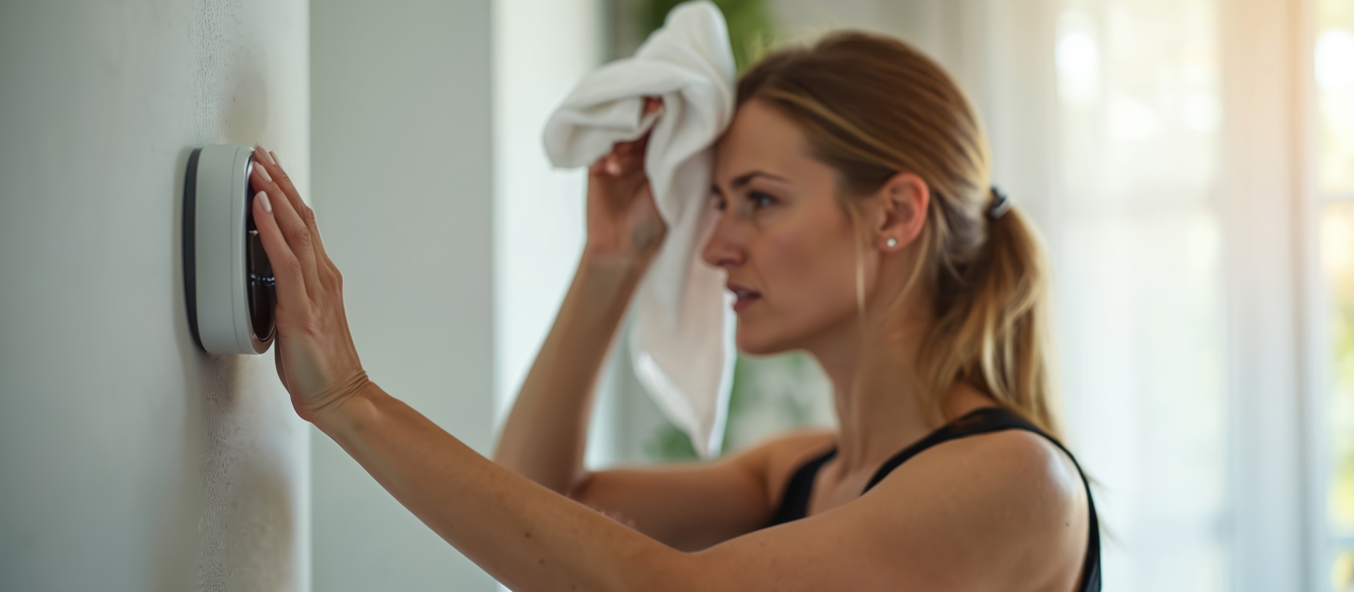 AC Went Out, Woman sweating and looking at her thermostat