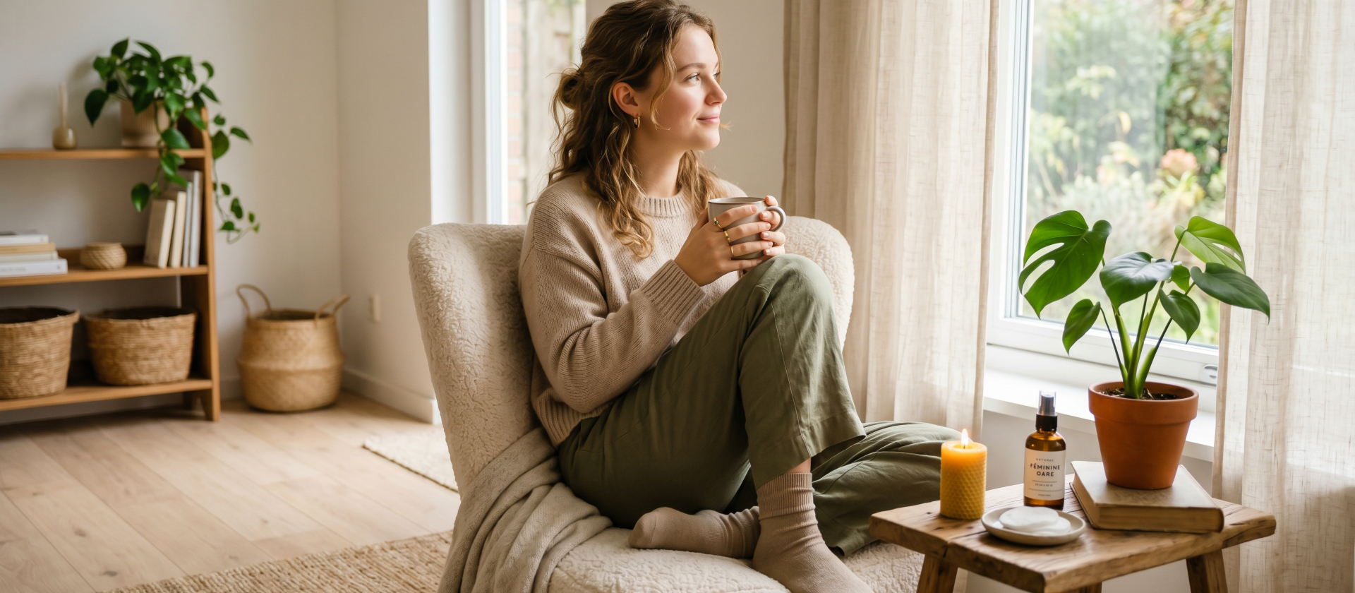 Woman enjoying coffee, looking out window